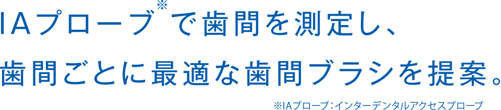 IAプローブ(※)で歯間を測定し、
	歯間ごとに最適な歯間ブラシを提案。※IAプローブ：インターデンタルアクセスプローブ