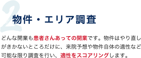 2. 物件・エリア調査 どんな開業も患者さんあっての歯科医院開業です。物件はやり直しがきかないところだけに、来院予想や物件自体の適性など可能な限り調査を行い、適性をスコアリングします。