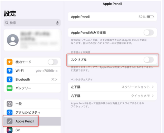 iPadのスクリブルOFF設定画面